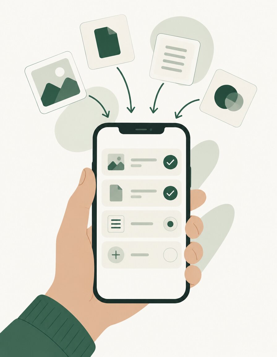 Illustration : un client dépose textes, photos et documents depuis son téléphone