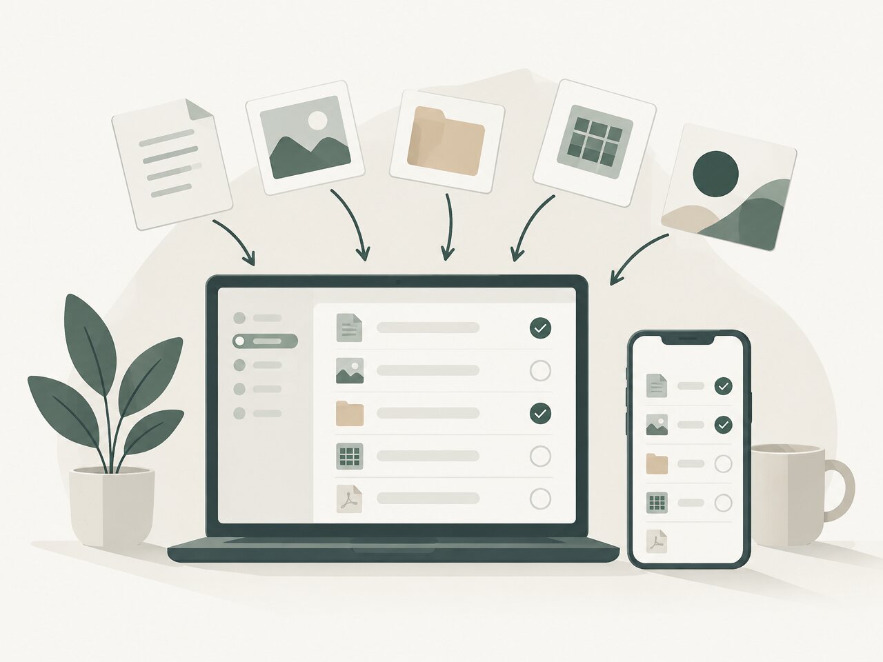 Illustration : textes, photos et logos rassemblés dans un ordinateur portable et un téléphone